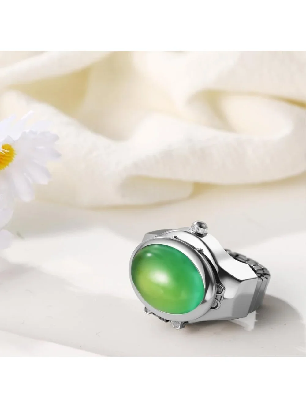 Unisex Silver And Green Analog Elastic Band Stainless Steel Stretchy Ring Watch